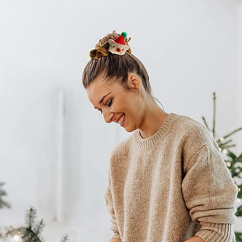 Christmas Hair Scrunchies – 3 Pcs Silk Elastic Bands with Tree, Santa & Elk Print – Red Green Brown Checkered