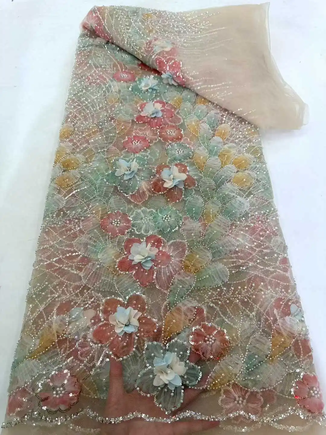 3D Lace African Sequins Beads Lace Fabric 2026 Multiple colors High Quality French Mesh Tulle Embroidery Wedding Bridal Lace