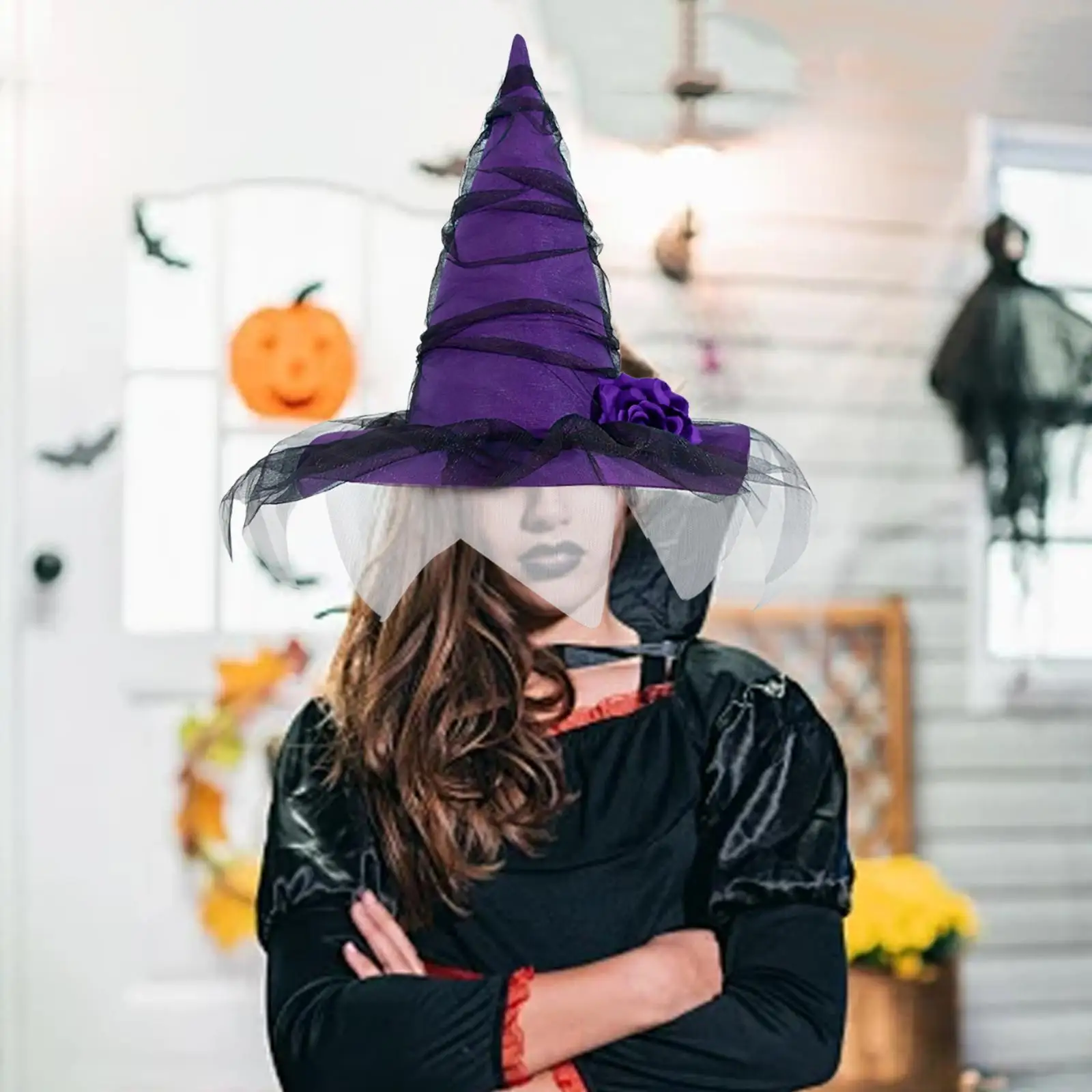 

Halloween Witch Hat Baroque Party Gothic Stylish Cosplay Black Gauze Wizard Hat for Masquerade Carnivals Stage Halloween Stage