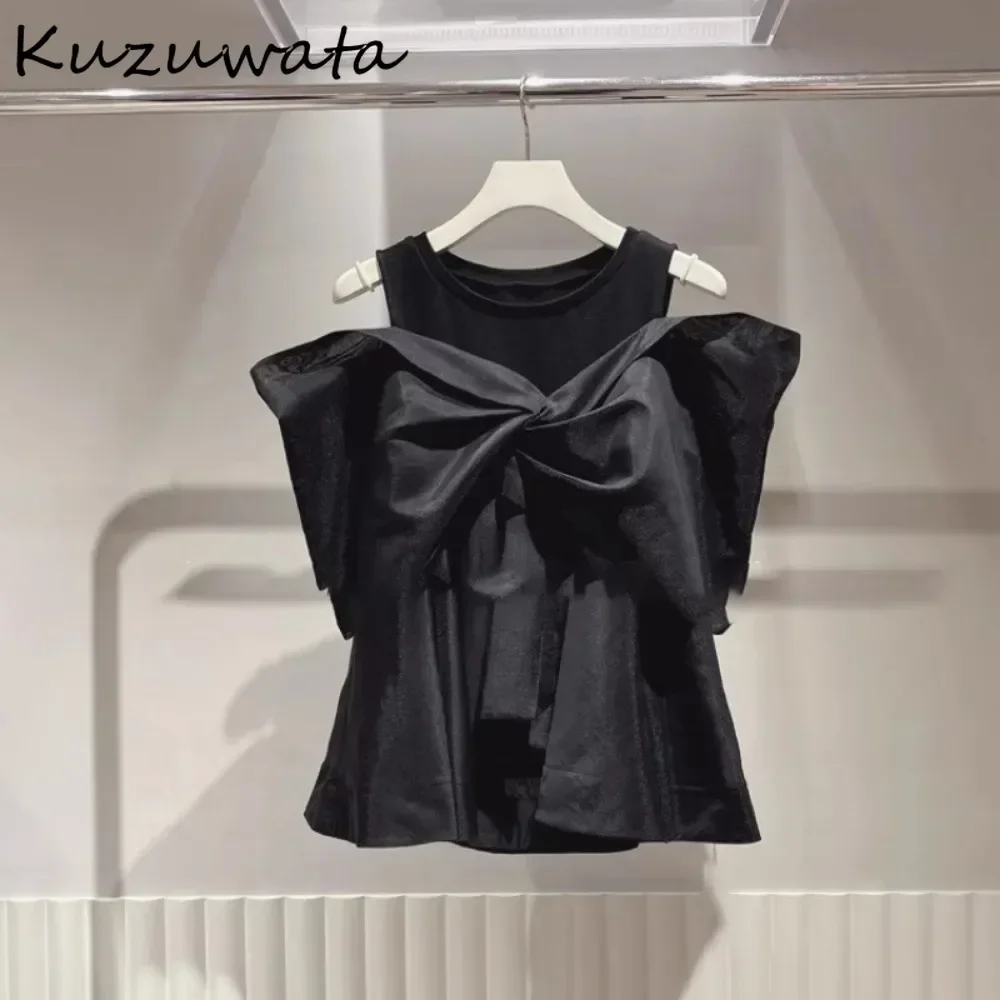 Kuzuwata Mesh Autumn O Neck Garment Sleeves Bow Shirt Patchwork Mujer Off Shoulder Casual Blusas Japanese Sweet Fresh Blouses