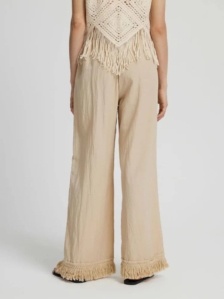 Full Length Loose Wide Leg Pants Tassel Elastic Waist Straight Cut Fashionable Casual Fringed Long Trousers Women's Trousers