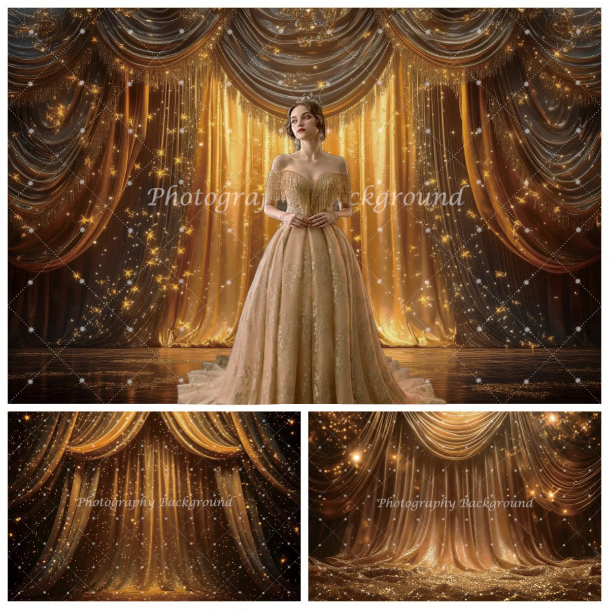 Luxurious Gold Curtain Backgrounds for Photographs Golden Glitter Wedding Party Decorations Portrait Backdrop Photobooth Props