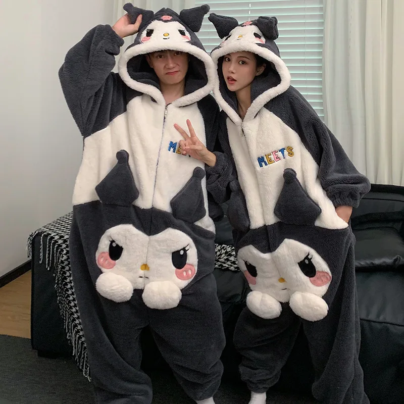 

Kuromi Autumn Winter Couple's One-Piece Pajamas Thickening Keep Warm Soft Plush Fabric Cartoon Cute Girl Pajamas Zipper Jumpsuit