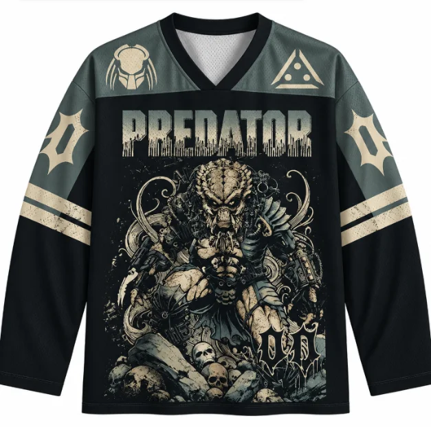 Predator Movie Long Sleeve Hockey Jersey Men Women Oversized Streetwear V-neck Retro Horror Sci-fi Graphic Jersey