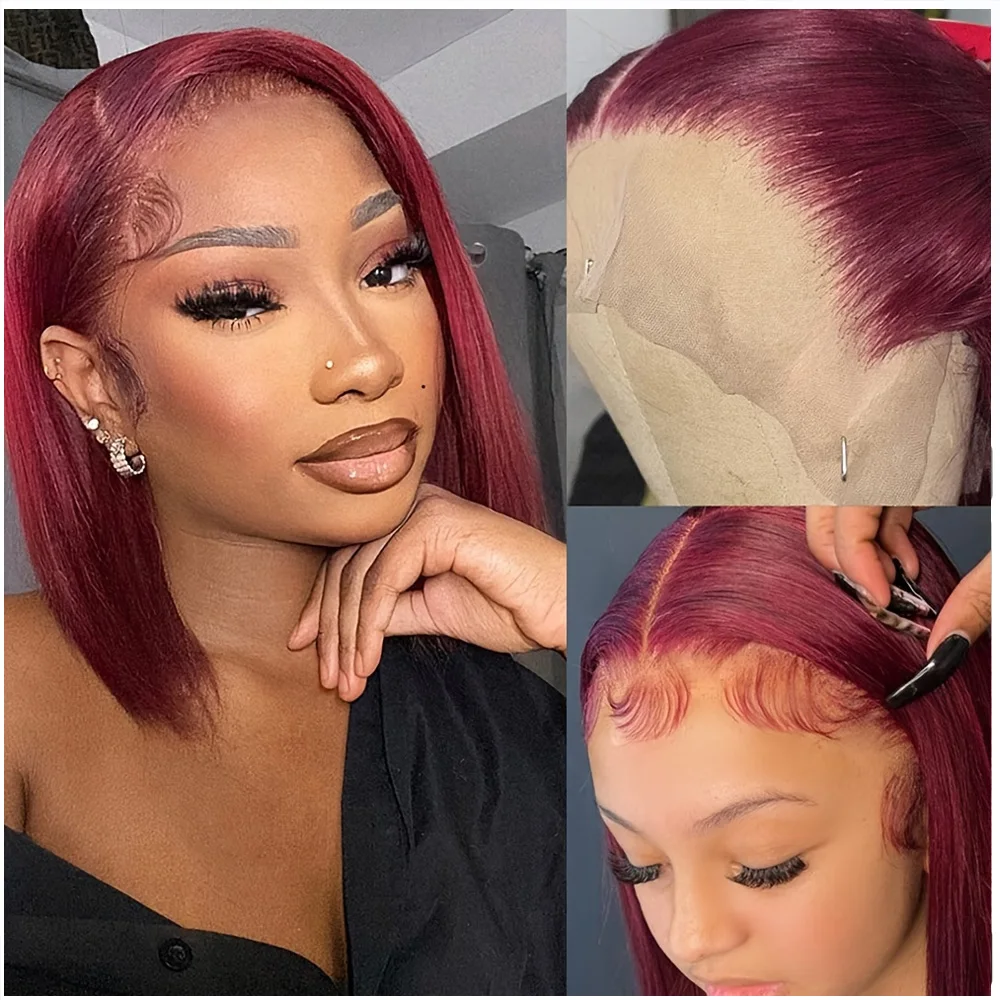 13x4 Human Hair Wig Burgundy Straight Bob Hair Wig Human Hair 99J 13x4 Bob Wig Lace Front Human Hair Wigs Transparent Lace Front