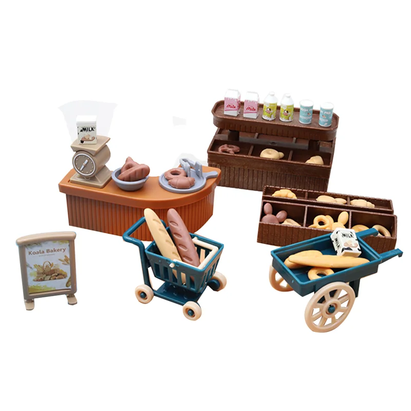 Cute Mini Bakery Decoration Simulation Shop DollHouse Milk Bread Trolley Children Play House Toys Decoration