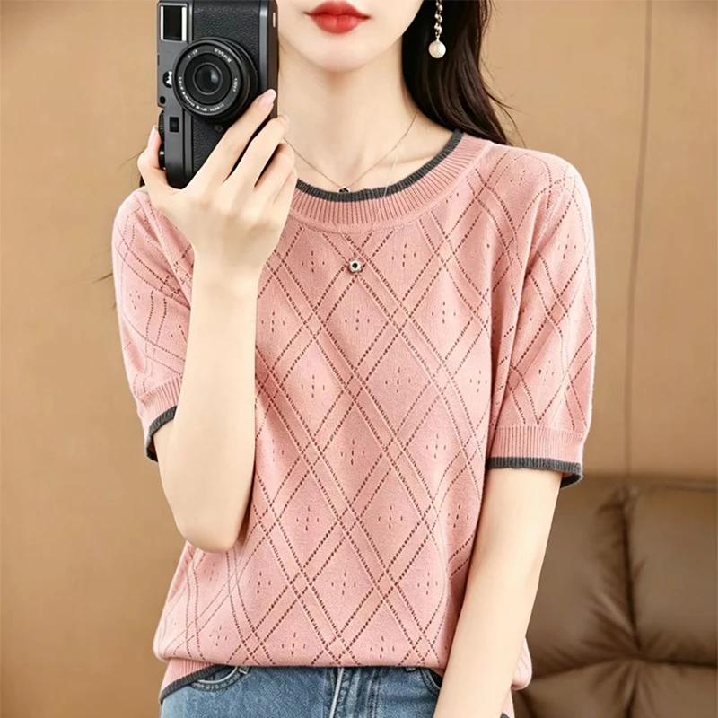 Summer new high-quality cotton thread versatile contrasting color top for women, loose fit, slim and lightweight pure cotton kni