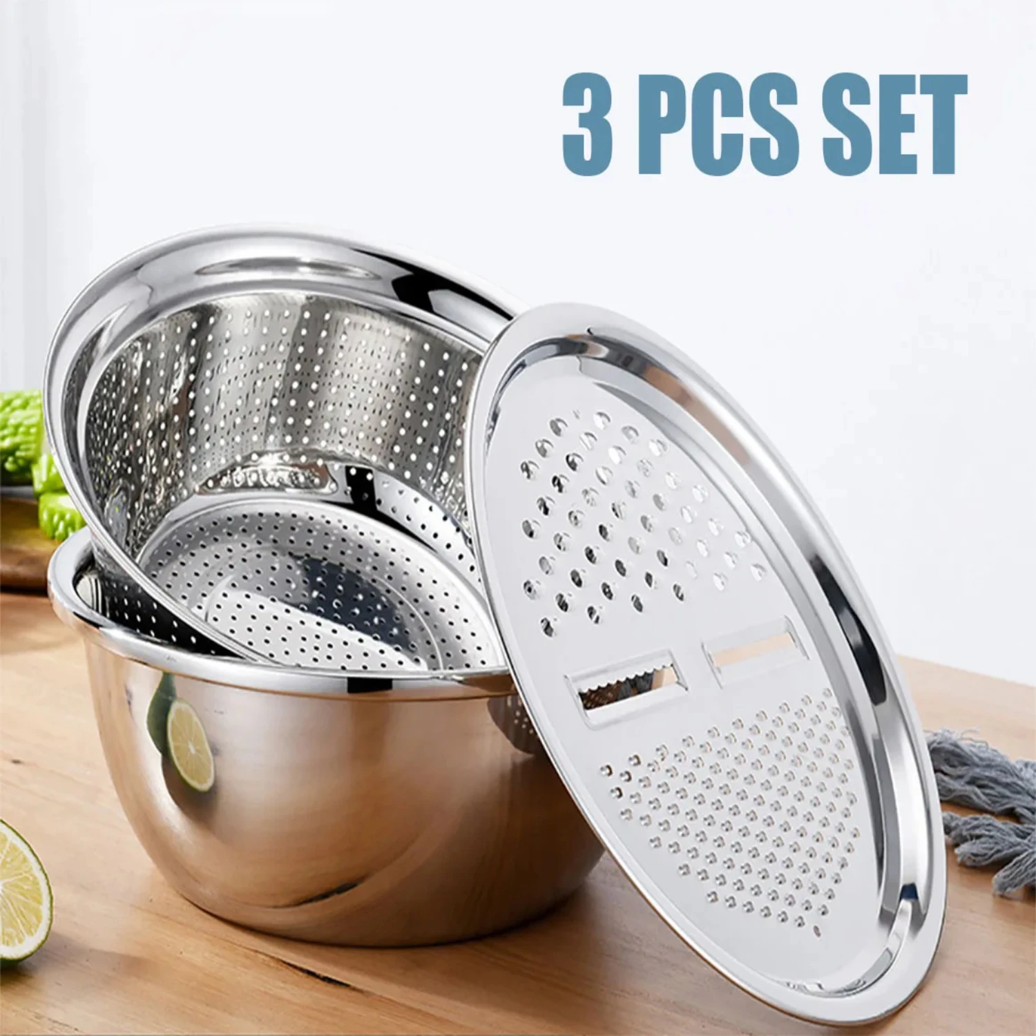 

3PCS Multifunctional Stainless Steel Kitchen Graters Vegetable Slicer Vegetable Cutter Drain Basket Set Drain Basin for Fruit