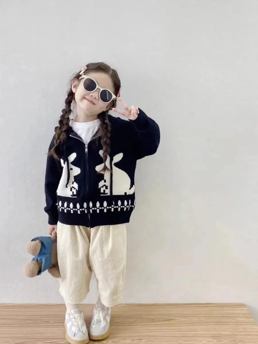 

1-12Years Kids Knit Sweater Cardigans for Girls Boys Toddler Children Black Rabbit Hooded Sweater Jackets Infant Fall Outwear 8