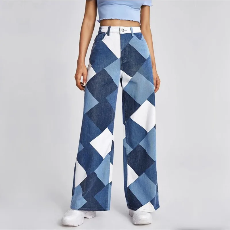 Women\'s Multi Color Stitching Printed Pants Straight Tube Printed Long Trousers Checkered Loose and Slim Wide Leg Pants