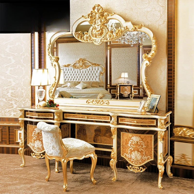 

solid wood carved bedroom dressing table French dressing table mirror stool combination luxury villa princess dressing table