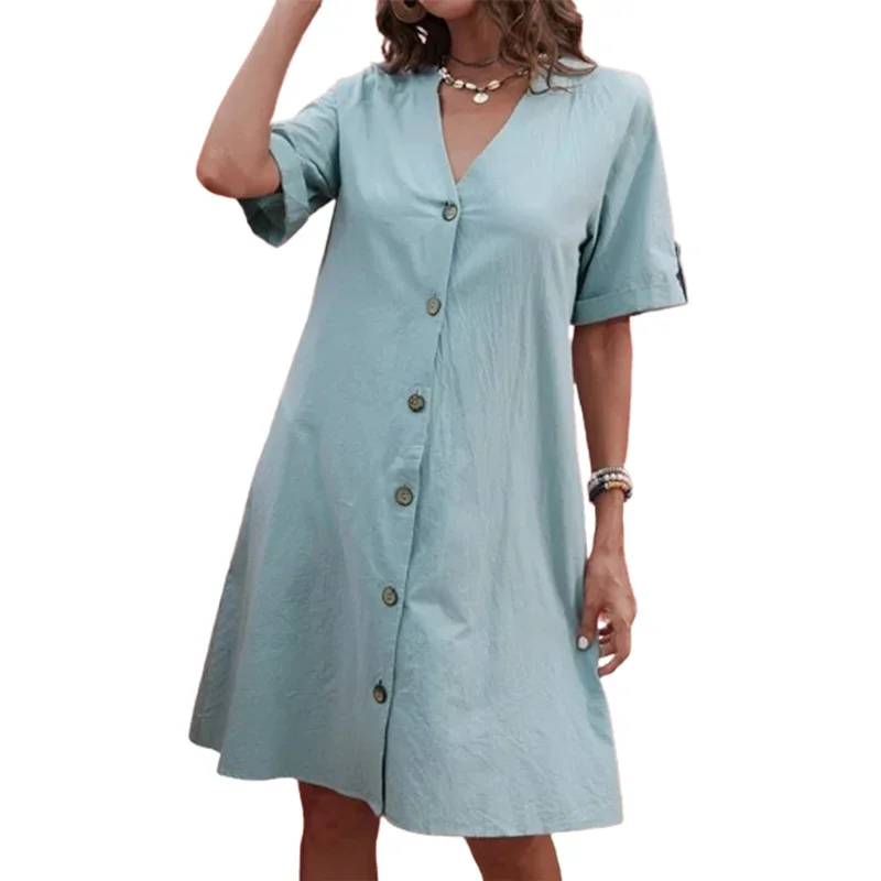 

Summer Short Sleeve Solid Color A-line Dresses Women V Neck Single-breasted Simple Style Dress Female Loose Casual Commuter Gown