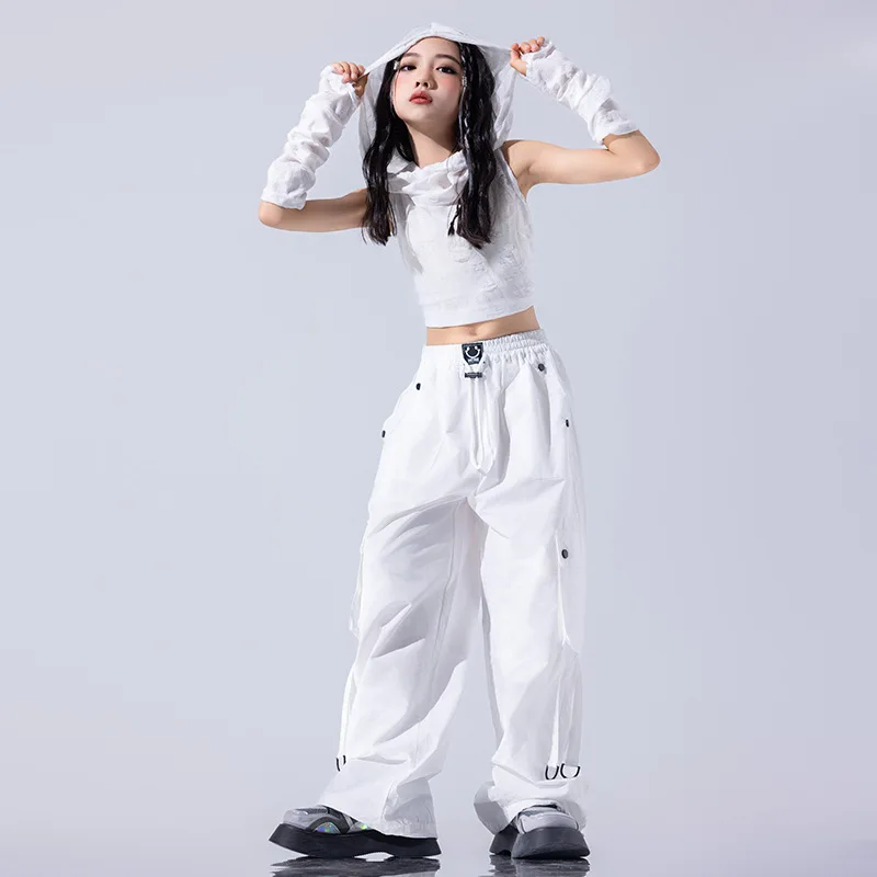 Kid Hip Hop Clothing White Distressed Hoodie Crop Tank Top Sleeves Casual Strap Cargo Pants for Girls Jazz Dance Costume Clothes