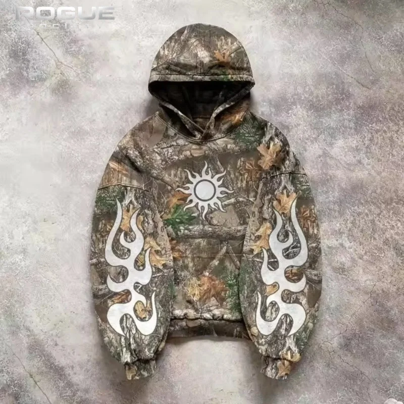 

Y2K Grunge Streetwear Aesthetic Men Harajuku Hoodie Camo Print Hip Hop Flame Graphic Oversized Pullover Casual Retro Unisex Tops