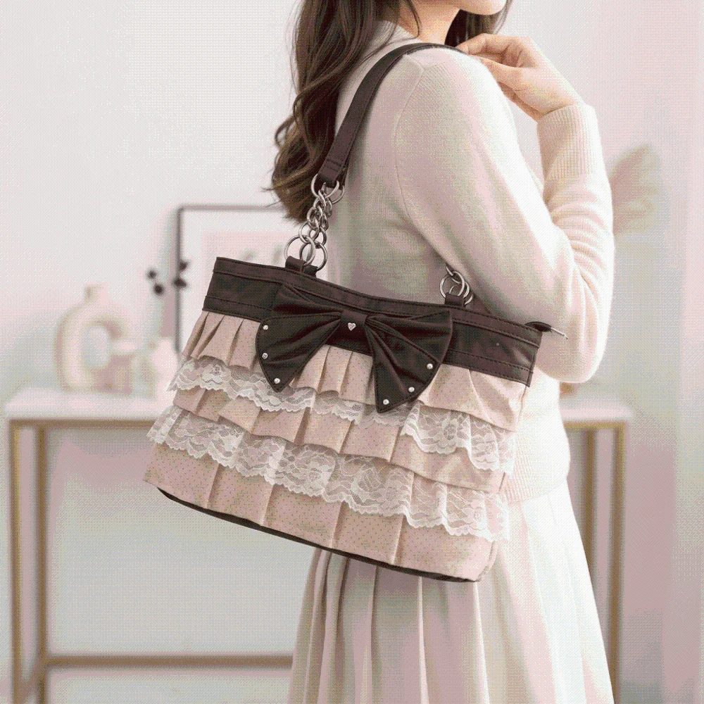Multi-layer Lace Tote Bag Lace Embellished Sweet Bowknot Handbag Contrast Color Large Capacity Ruffle Canvas Purse Casual Travel