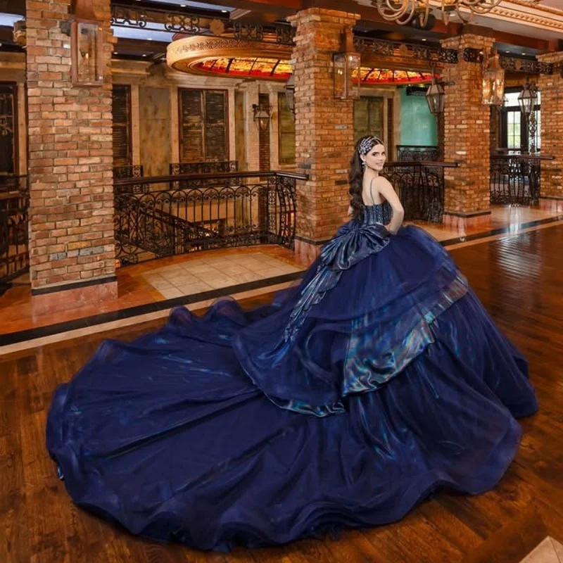 Customized Sea Blue Off Shoulder Quinceanera Dress sequin crystal Tull layering Long tail Bow vestidos de 15 Quinceanera