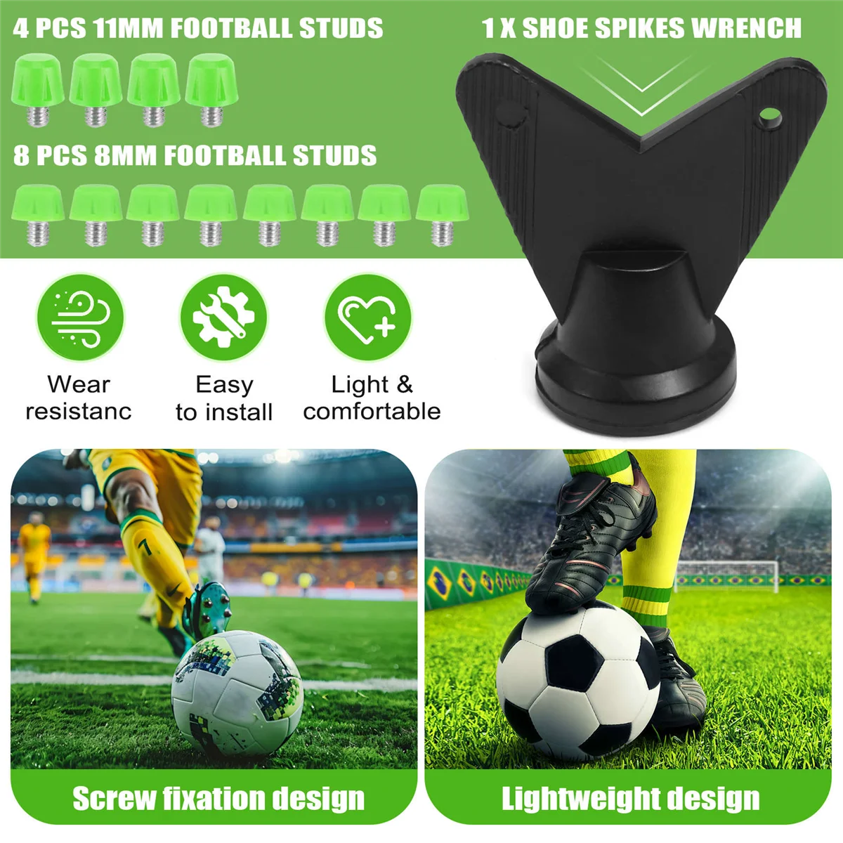 12Pcs Football Boot Studs Non Slip Thread Screw M6 Professional Replacement Spikes SG to AG for Adidas Green Rich