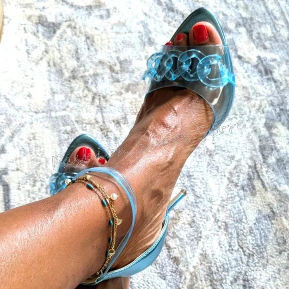 

Blue PVC Chain Decor Sandals Pointed Toe Stilettos High Heels High Heel Shoes for Women Sexy Heels 2025 New Zapatos Para Mujere