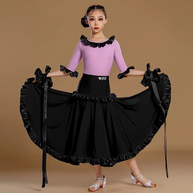

Kids Girls Waltz Tango Ballroom Dance Professional Bodysuit and Velvet Patchwork Ruffles Large Skirts Modern Competition Costume