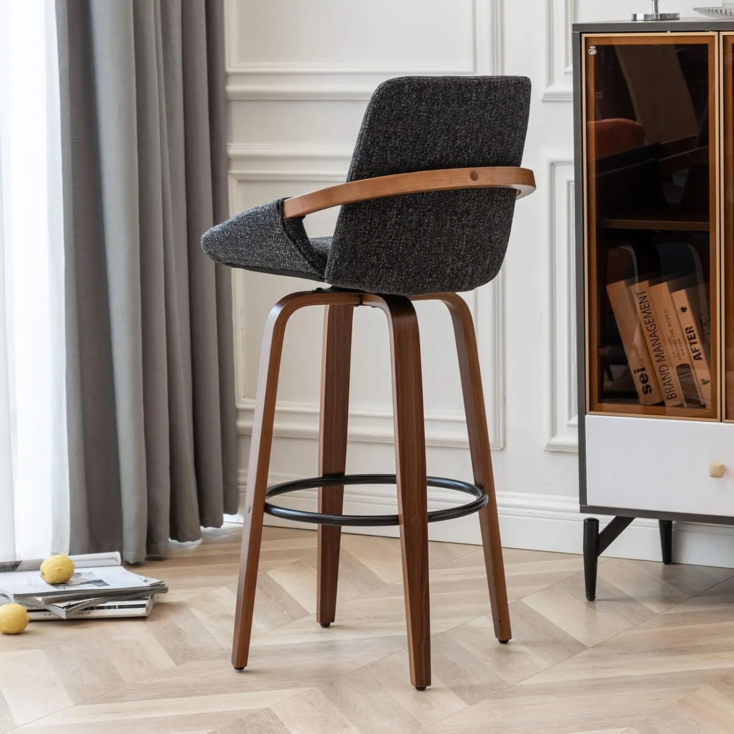 LUNLING 60 cm barkrukken op barhoogte, set van 2 moderne retro barstoelen uit het midden van de eeuw, houtskoolgrijs linnenlook, stof gestoffeerd en