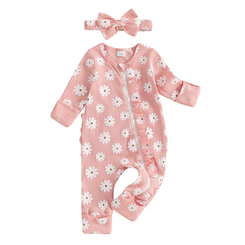 جمبسوت بكشكشة بطبعة زهور وأكمام طويلة مع عصابة رأس للفتيات حديثي الولادة ، ملابس أطفال ، ملابس خريفية ، من 0 إلى 6 أشهر ، 2