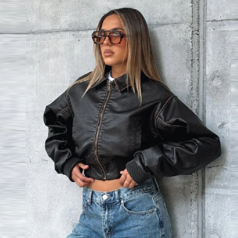 Vintage Women PU Leather Women Jacket Lapel Long Sleeve Fitted Waist Zipper Coat Short Coat 2025 Autumn Lady Streetwears Outwear
