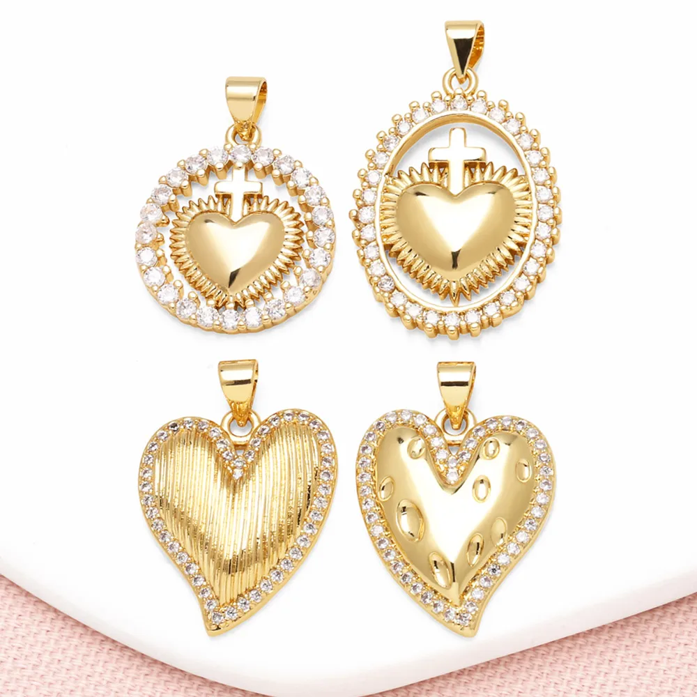 OCESRIO White Crystal Cross Heart Medal Pendant For Necklace Copper Gold Plated Heart Handmade Jewelry Making Component Pdta487