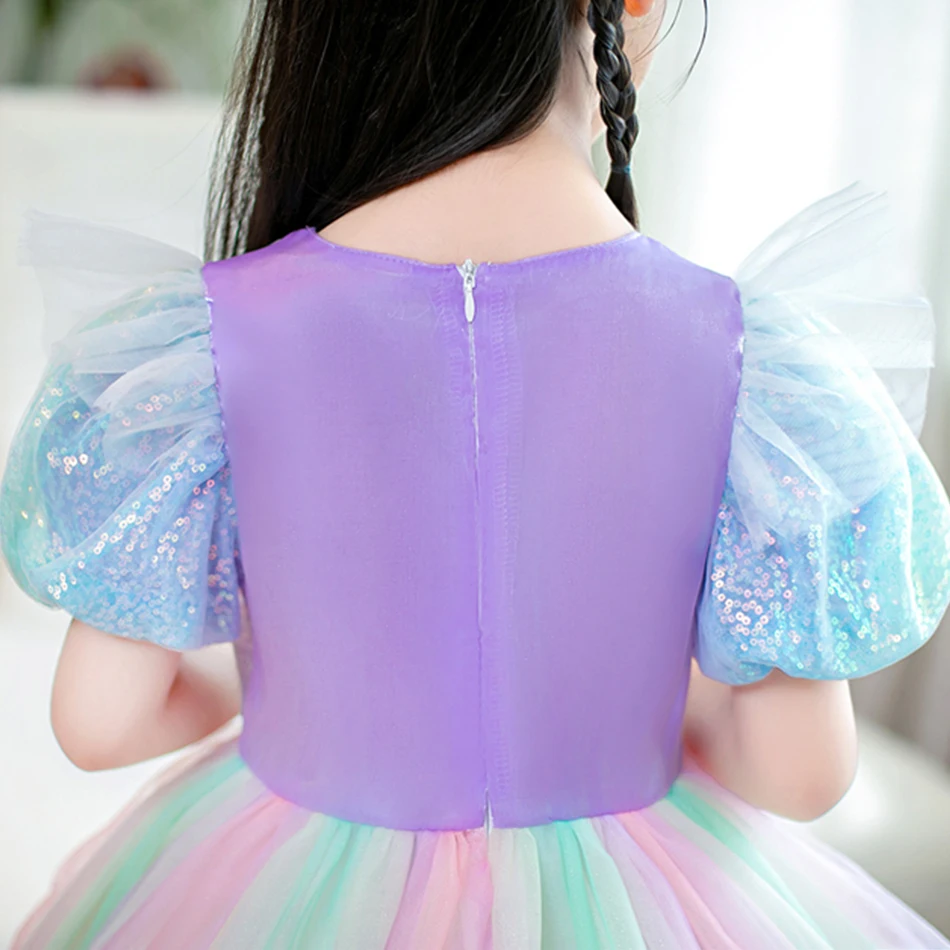 Girls Unicorn Rainbow Dress Kids Halloween Birthday Carnival Party Fancy Vestido Gradient Costume Princess Puff Sleeve Ball Gown