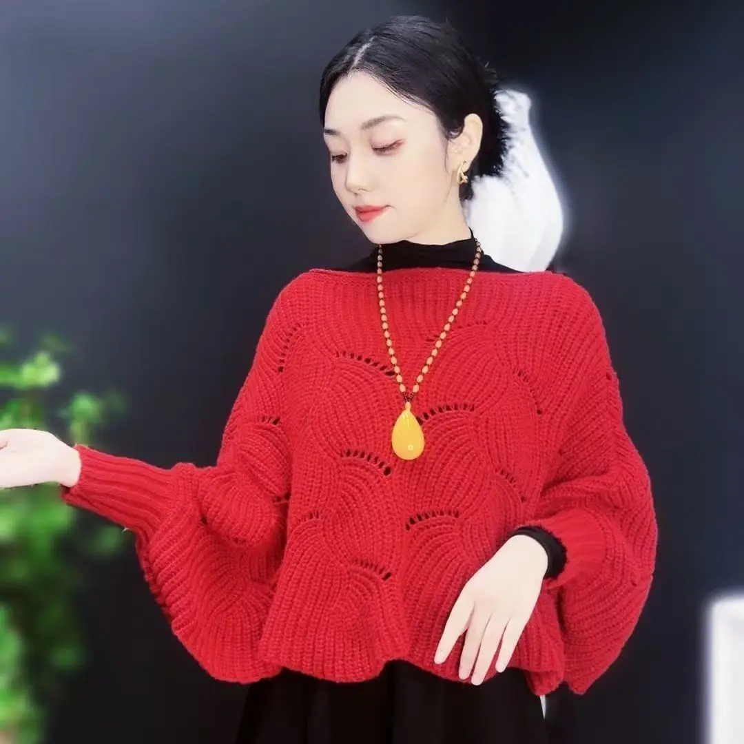 Otoño Invierno suéter de punto mujer pulóver Casual suelto manga larga Top hueco