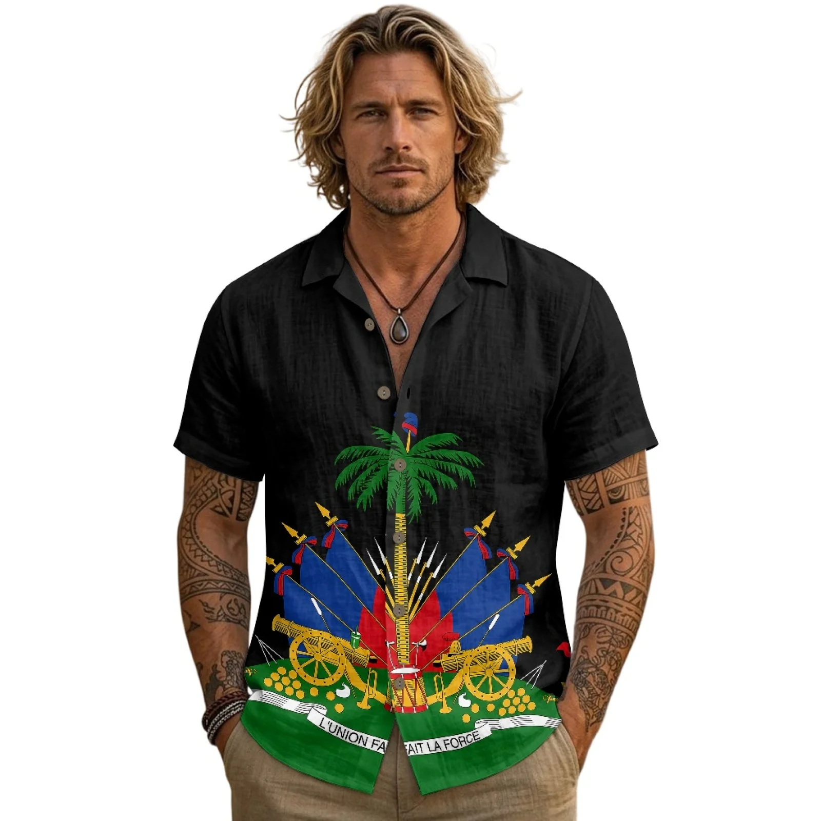 PENSTROLL Haitian Linen Style Men's T Shirt for Beach Casual Hawaiian Beach Top Mens Hawaiian Shirt