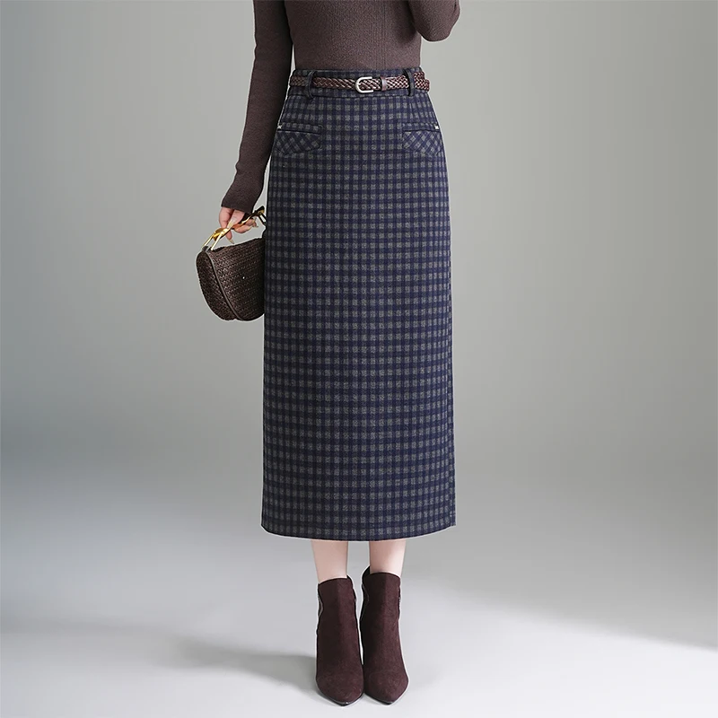 

Новая юбка миди из шерсти в клетку с завышенной талией, прямого кроя, для женщин, весна-осень-зима, стройнящая фигуру