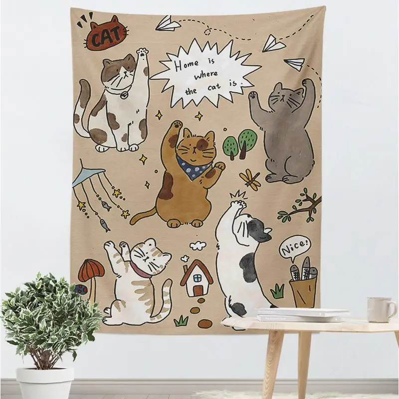 VIKAMA Kawaii Cat Wall Tapestry, Graffiti Art Cat Pattern Wall Decoration, Bedroom And Living Room Background Decorative Fabric