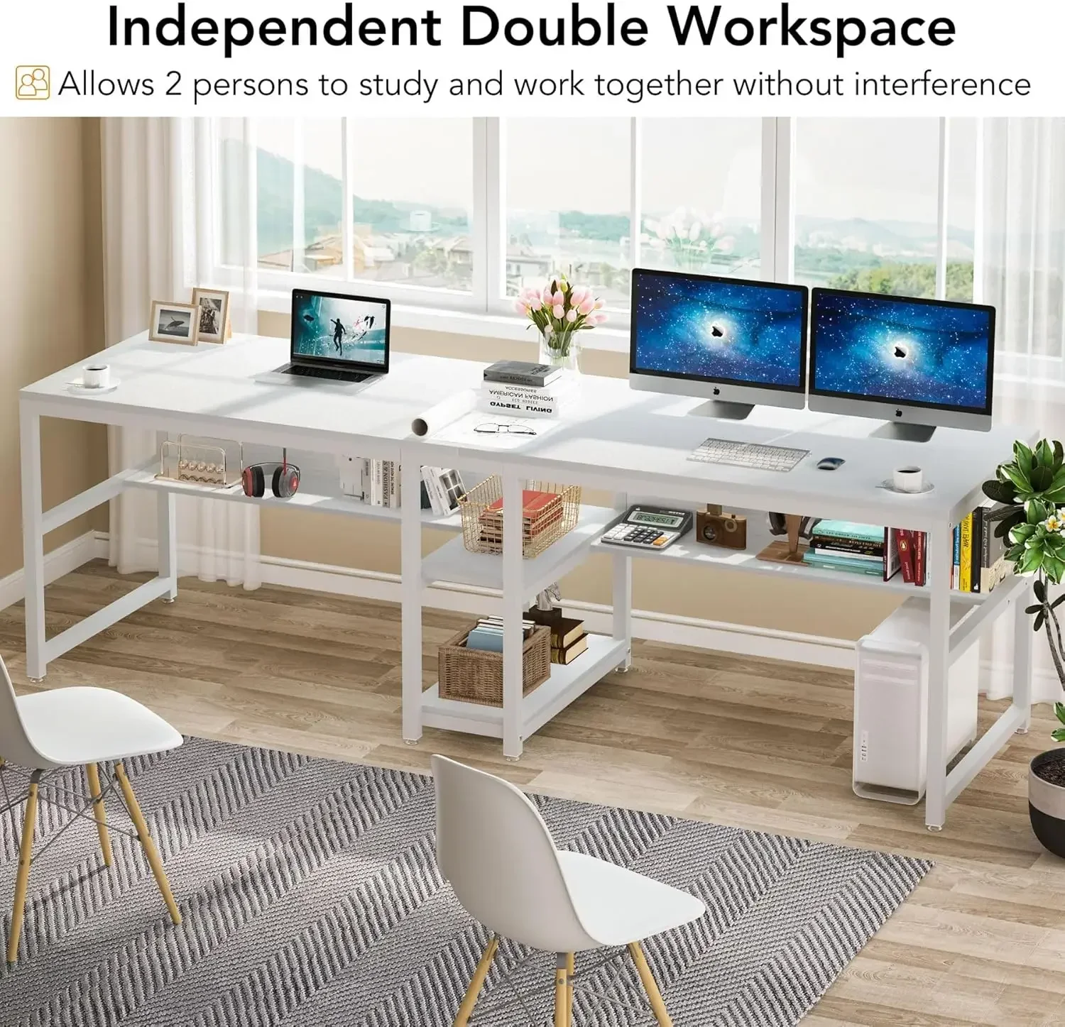 Two Person Desk with Bookshelf, 78.7 Computer Office Double Desk for Two Person, Rustic Writing Desk Workstation