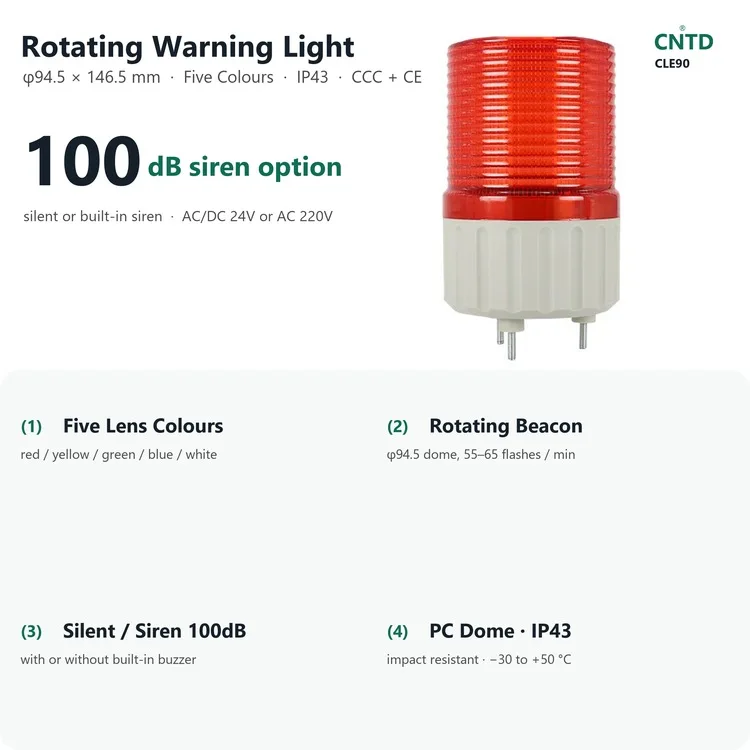 CNTD CLE90 Single-Layer Rotating Warning Light 5 Colours 100dB Beacon AC/DC 24V AC 220V IP43 Signal Lamp 90mm