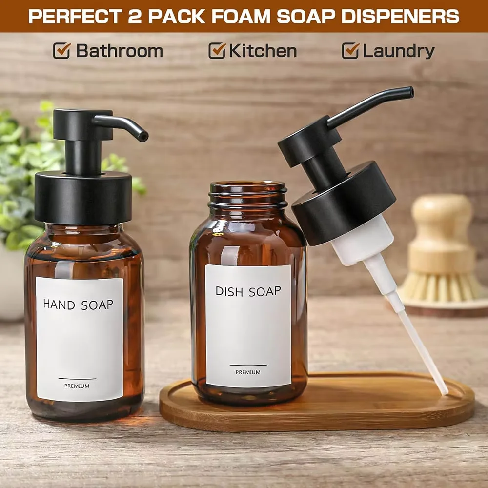 250/500ml Amber Glass Soap Dispenser Foam Pump Bottles with Waterproof Labels for Kitchen Bathroom Hand Dish Soap Shampoo Lotion