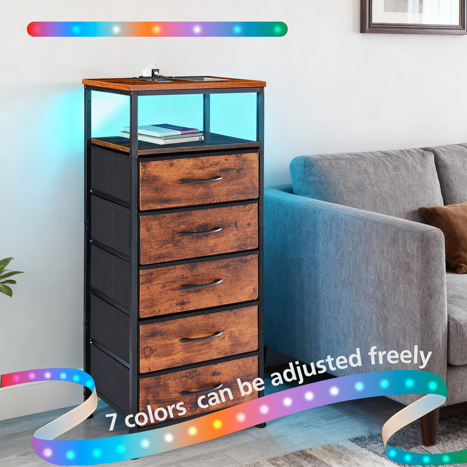 MCQ 5 Fabric Drawers with LED Light Strip Cabinets Bedside End Table Storage Nightstand With Charging Station for Home Furniture