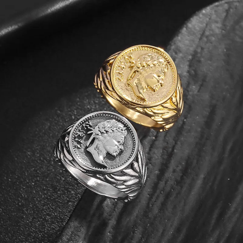 Stainless steel retro style Roman Empire Caesar ring Vintage electroplated coins cast Caesar figure rings