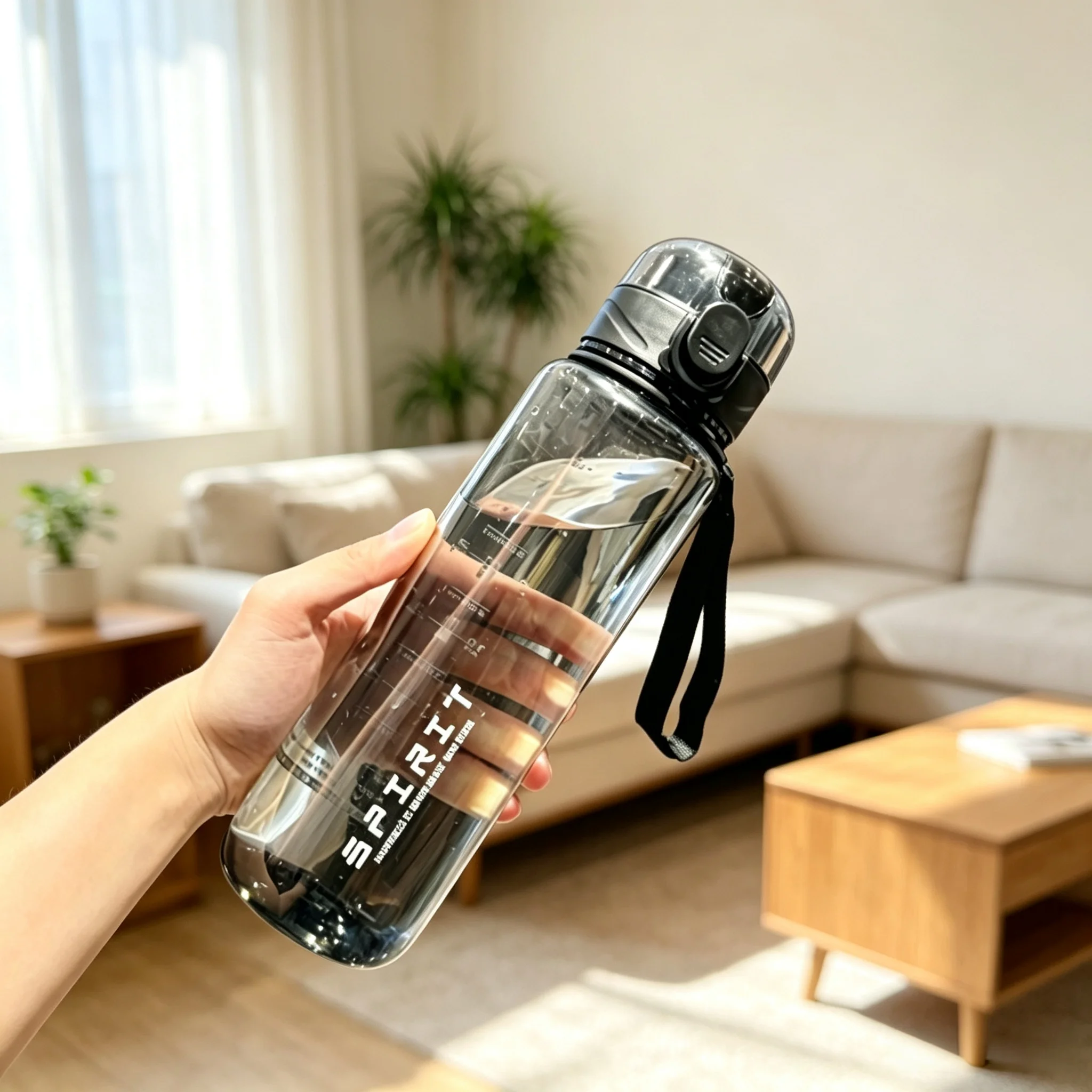 Transparent Sports Plastic Water Bottle, One‑Click Flip Lid Leakproof Drinking Cup with Carry Lanyard for Fitness Travel Outdoor