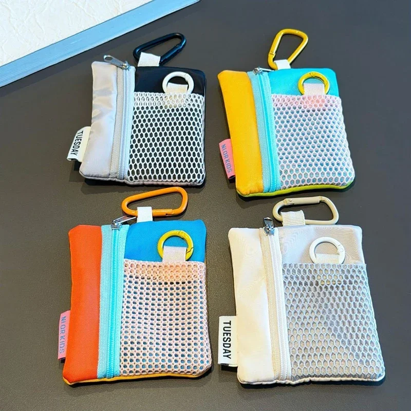 Color Block Mesh Zipper Coin Purse Portable Key Pouch With Carabiner Hook Mini Storage Bag Lightweight Small Wallet