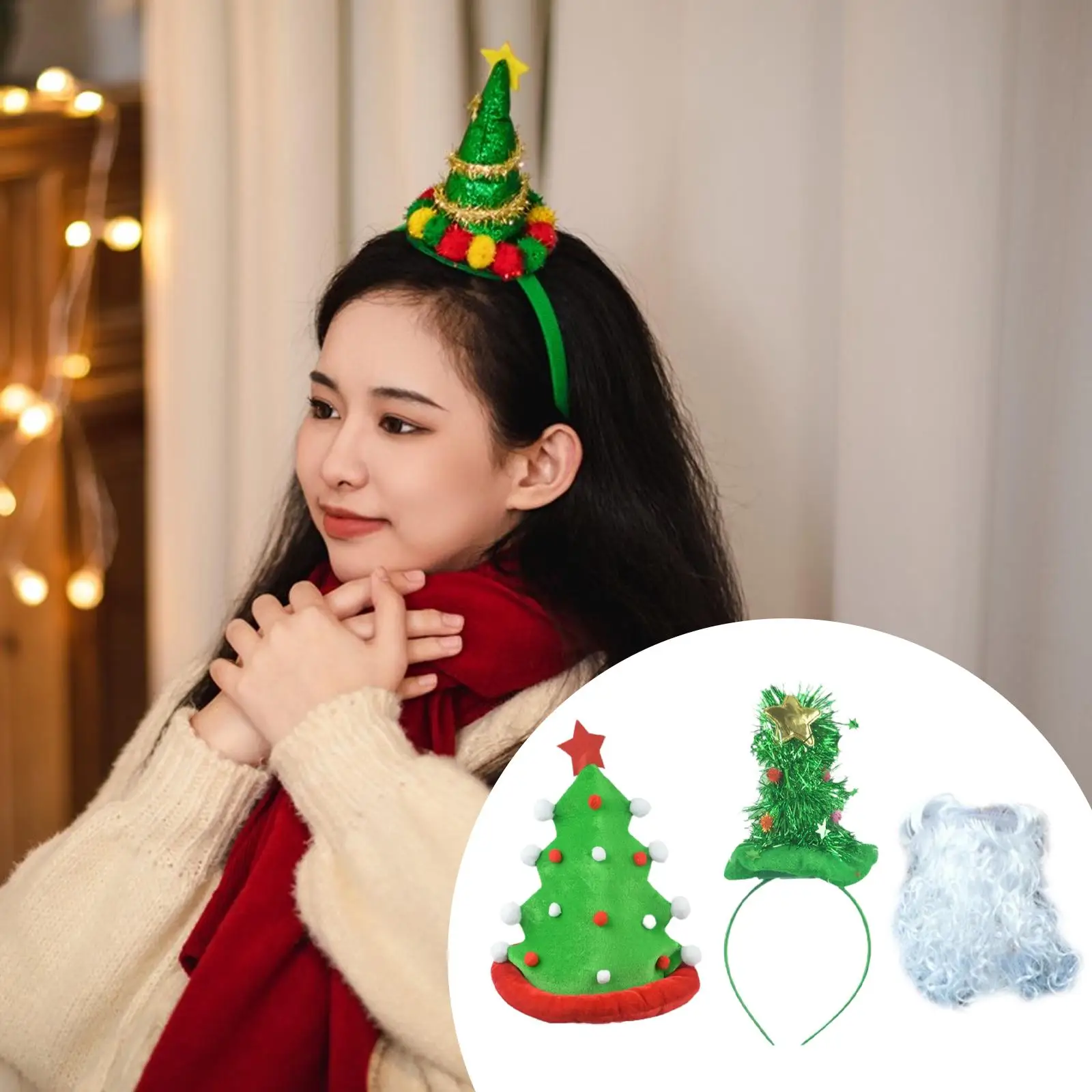 

3Pcs Christmas Santa Costume Accessories Dress up Funny Faux Beard Christmas Tree Hat Headband for Festival Carnival Role Play