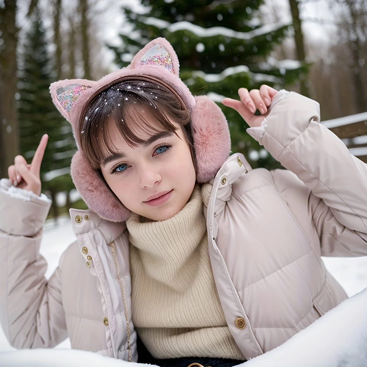 Cache-oreilles de chat mignons pour femmes, cache-oreilles pliables, design à paillettes Rotterdam Kle, document solide, hiver