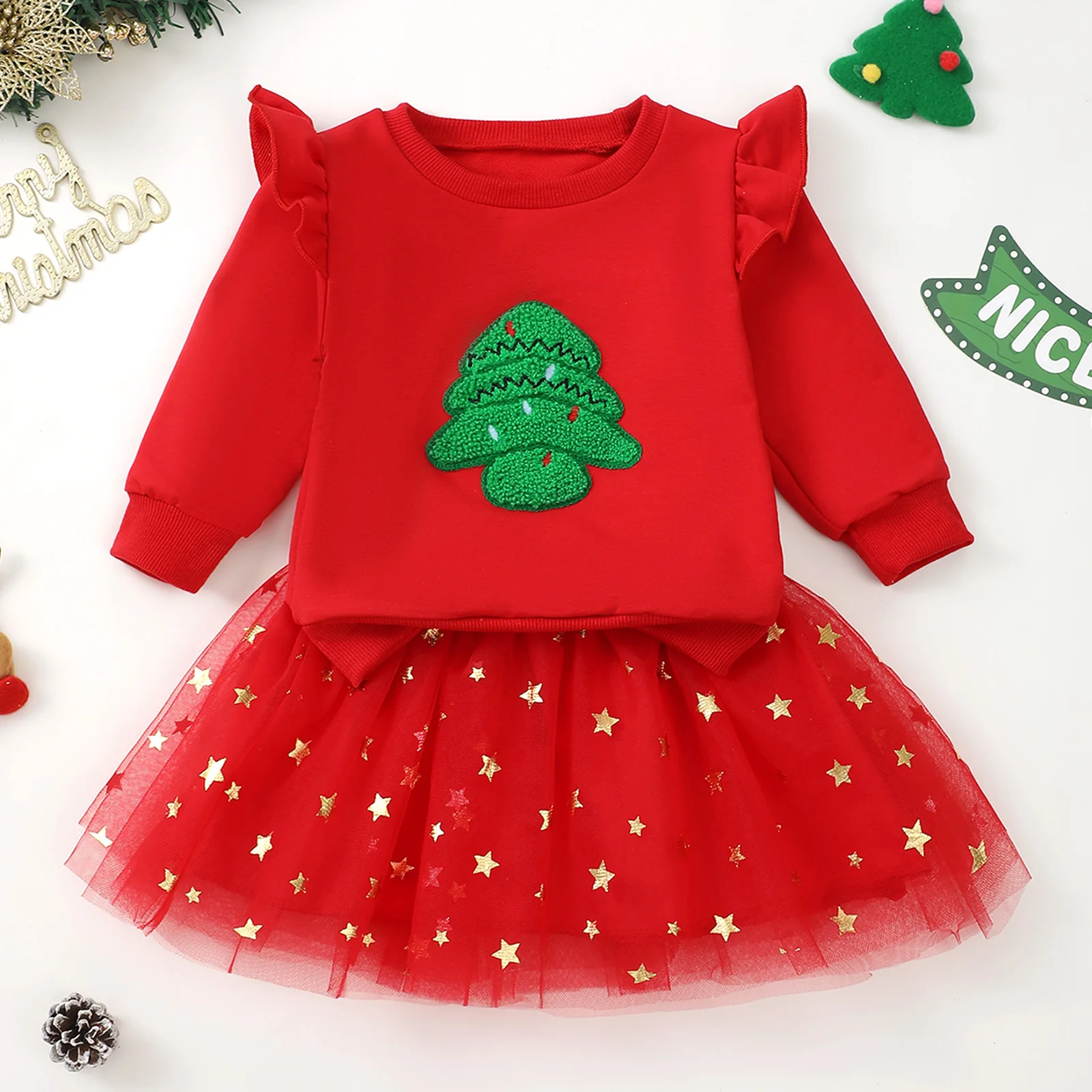 

Christmas Party Kids Baby Girl Clothes Skirts Set Outfits Long Sleeve Embroidery Santa Sweatshirt with Stars Tulle Skirt Suit