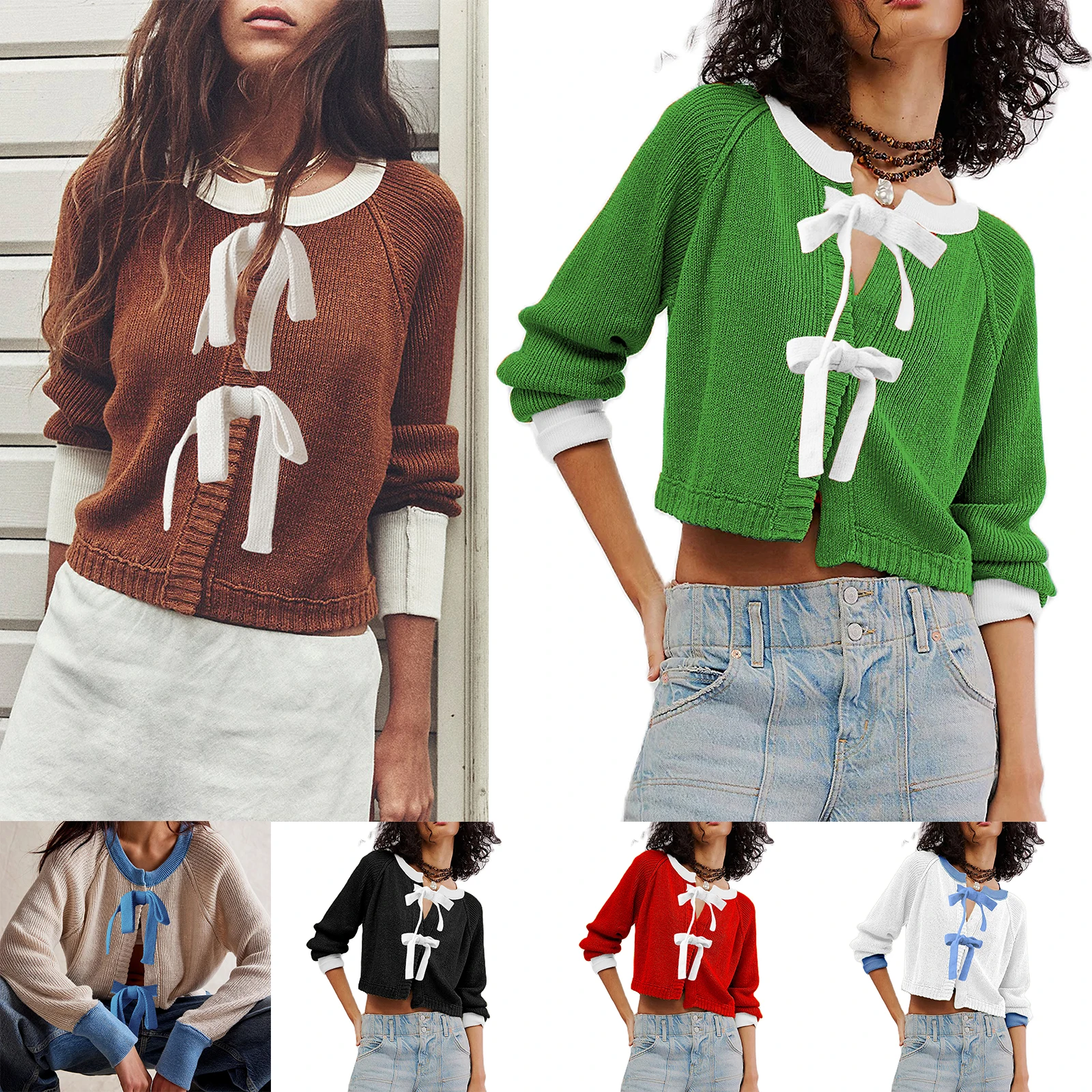 Autumn Women's Contrast Color Crocheted Casual Sweater Sweet Girls Lace-up Bow Cardigan Round Neck Long Sleeve Slim Knitwear