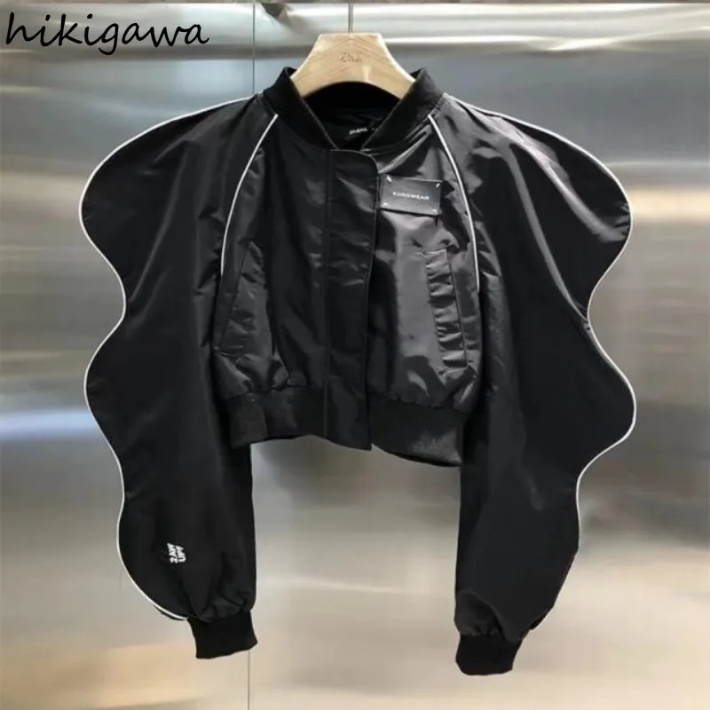 Chaquetas Harajuku con cuello redondo para Mujer, Tops Y2k con cremallera, moda urbana coreana, abrigos negros con cremallera, 2023