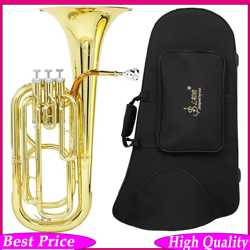 Euphonium Profesional SLADE Bb con Válvula Vertical de 3 Teclas, Acabado en Laca Dorada, Instrumento de Latón con Estuche y Guantes