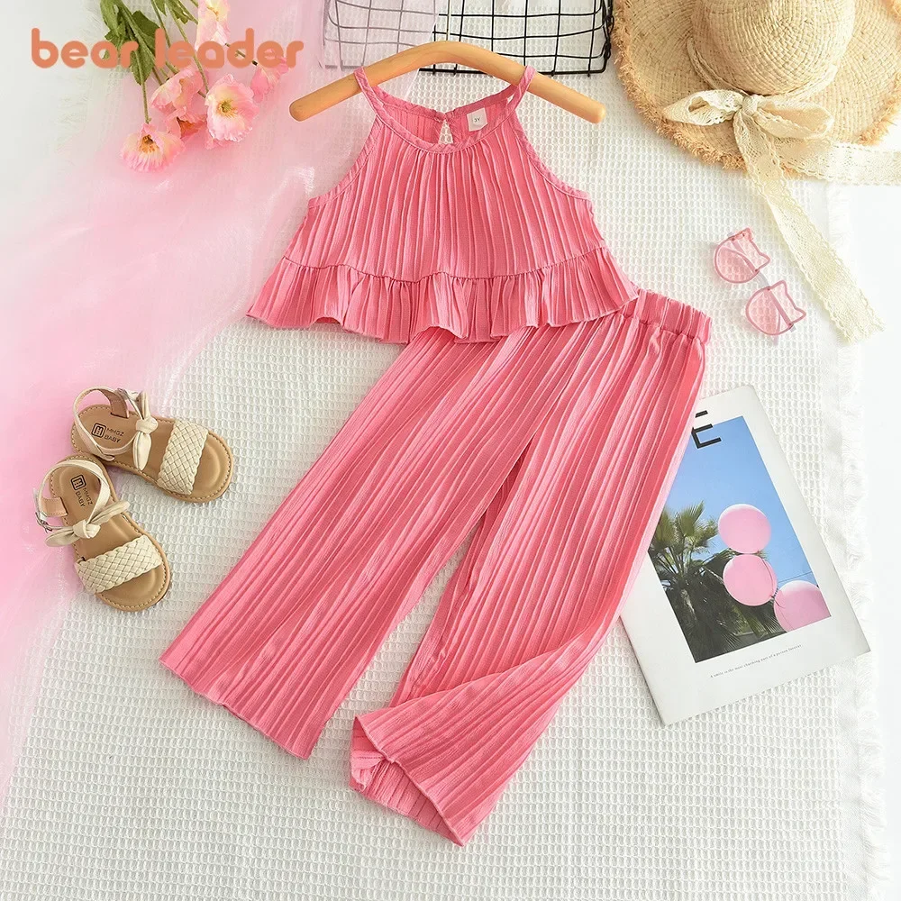 Bear Leader 2024 Summer New Girls' Set with Sea Wave Straps and Wide Leg Pants Two Piece Set for Refreshing Children's Clothing