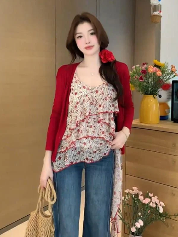 

Unique Red Floral Print Open Cardigan And Tank Top Set Women's Early Spring Fashion Korean Style High Elasticity Mid-Length V...