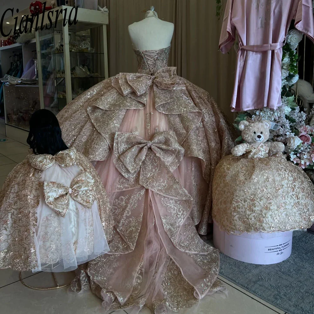 Vestidos de quinceañera rosa brillante, vestido de baile dulce, 16 apliques, cuentas, lazo, lentejuelas, fiesta de graduación, 15