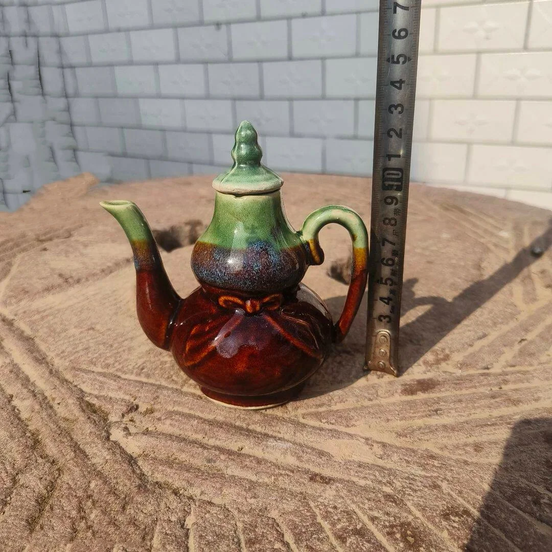 Vintage Old style gourd wine pot Jun porcelain antique ceramic teapot folk art collection desktop decoration modern handicraft