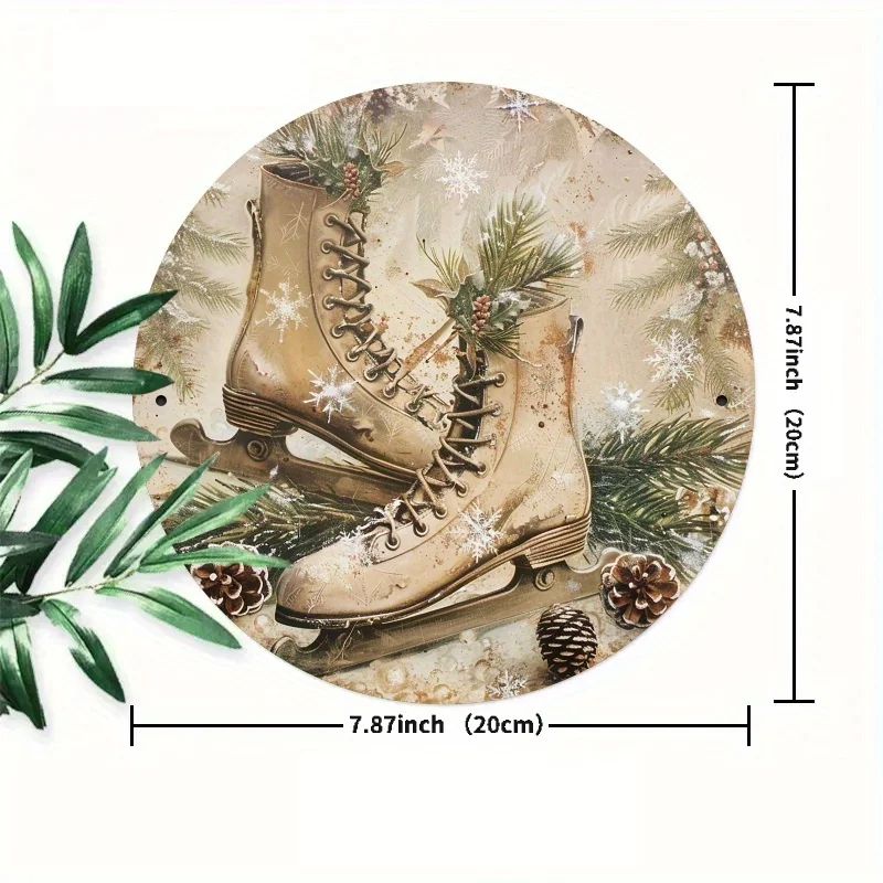 [2D Flat] 1pc Vintage Winter Ice Skates Metal Sign - 7.87x7.87 Inch Round Iron Wall Art with Snowy Pine Design, Perfect for Home